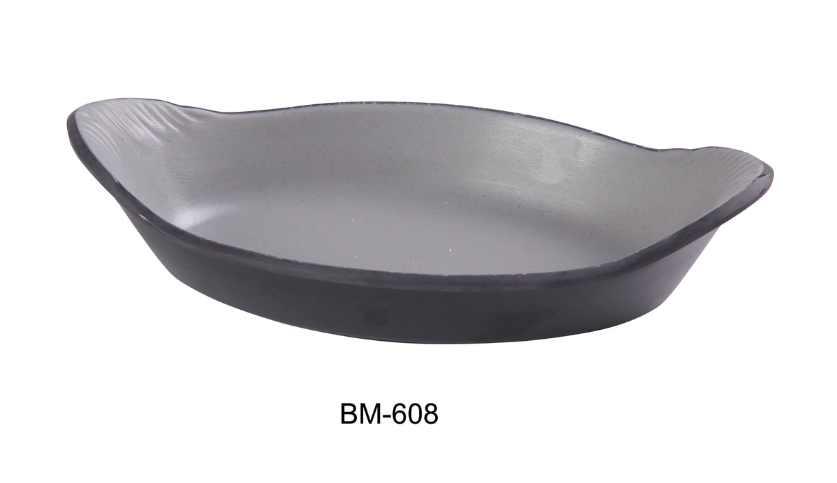 Yanco BM-608 Birmingham 8-3/4" X 5" X 1-1/4" RAREBIT DISH 10 OZ, Shape: Oval, Color: Gray and Black, Material: Melamine, Pack of 48