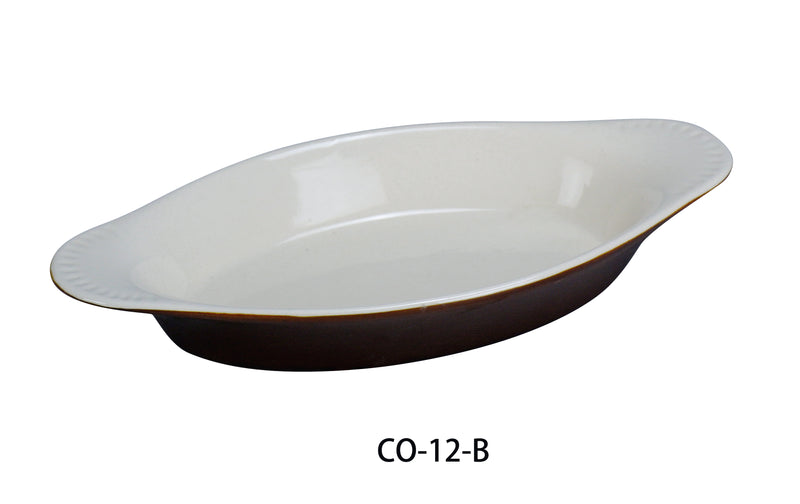 Yanco CO-12-B Accessories 10"X5 3/8"X1 3/8" WELSH RAREBIT OVAL WHITE/BROWN 12 OZ, Shape: Oval, Color: White and Brown, Material: China, Pack of 36