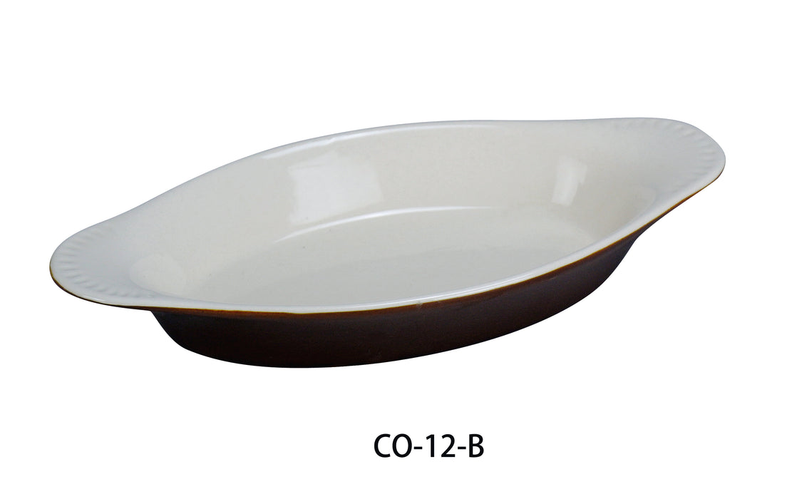 Yanco CO-12-B Accessories 10"X5 3/8"X1 3/8" WELSH RAREBIT OVAL WHITE/BROWN 12 OZ, Shape: Oval, Color: White and Brown, Material: China, Pack of 36