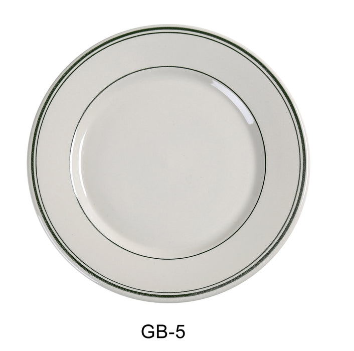 Yanco GB-5 Green Band 5.5" Bread Plate, Shape: Round, Color: White and Green, Material: China, Pack of 36