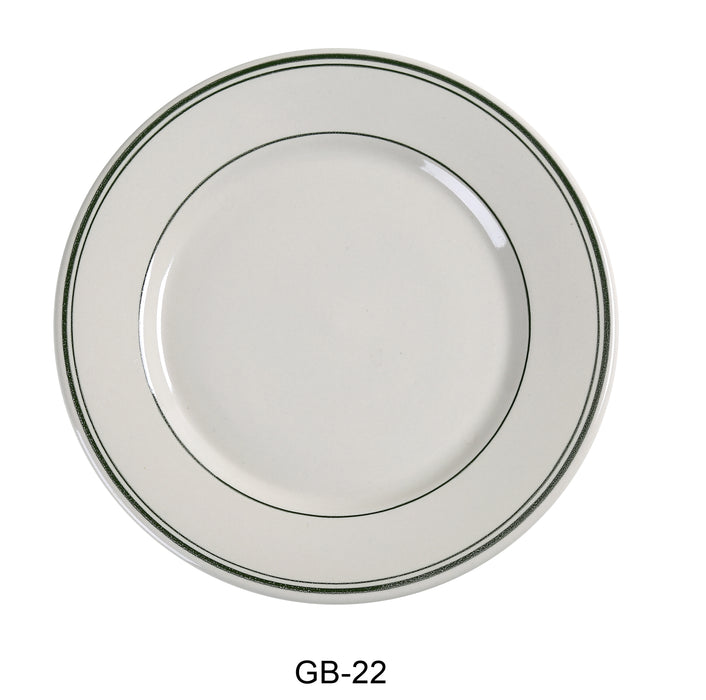 Yanco GB-22 Green Band 8.375" Round Plate, Shape: Round, Color: White and Green, Material: China, Pack of 36