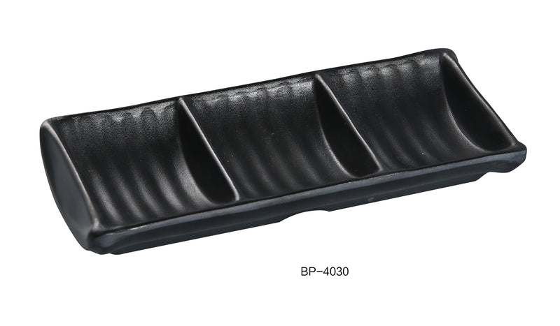 Yanco BP-4030 Black Pearl-2 Triple Sauce Dish, Shape: Rectangular, Color: Black, Material: Melamine, Pack of 48