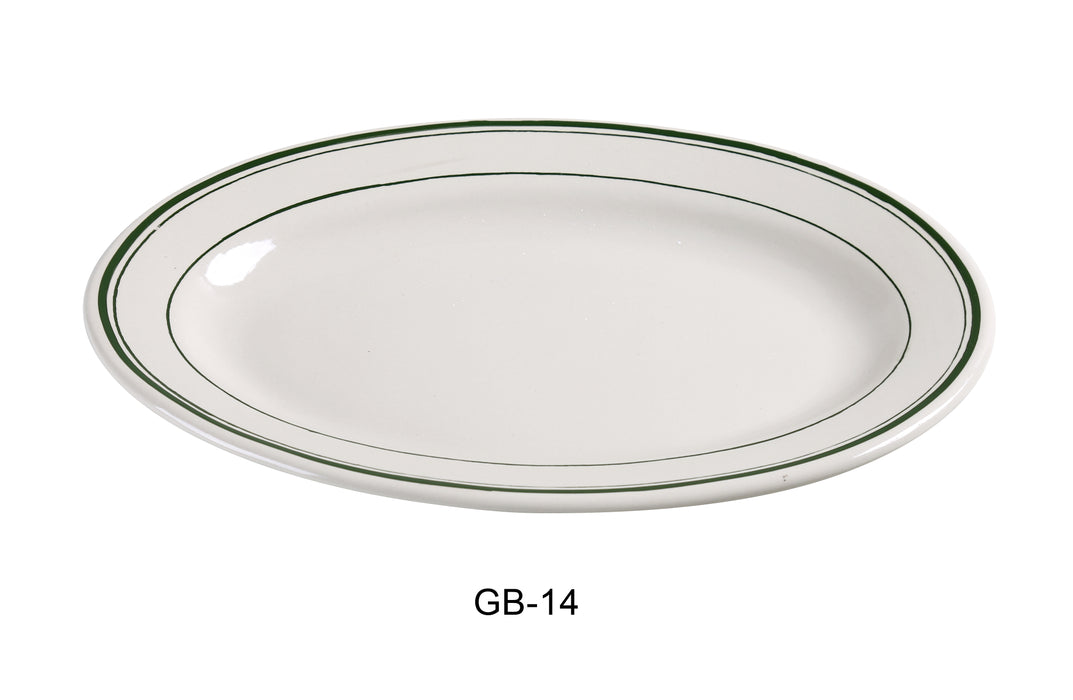 Yanco GB-14 Green Band Platter, Shape: Oval, Color: White and Green, Material: China, Pack of 12