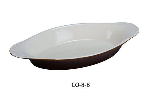 Yanco CO-8-B Accessories 8 1/2"X4 1/4"X1 1/8" WELSH RAREBIT OVAL WHTIE/BROWN 8 OZ, Shape: Oval, Color: White and Brown, Material: China, Pack of 36