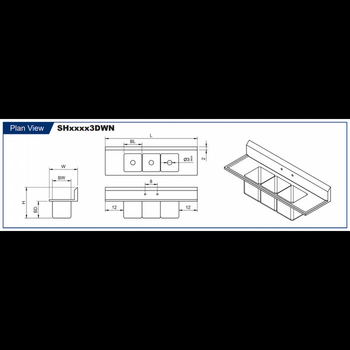 GSW Marine Edge Drop-In Wall Mount Three Compartment Sink