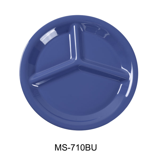 Yanco MS-710BU Mile Stone Three Compartment Plate, Shape: Round, Color: Blue, Material: Melamine, Pack of 24