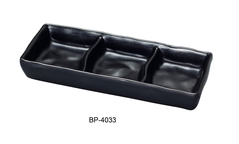 Yanco BP-4033 Black Pearl-2 New Triple Sauce Dish, Shape: Rectangular, Color: Black, Material: Melamine, Pack of 48