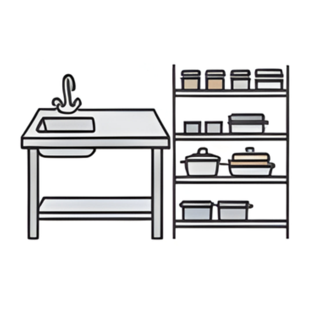 PREP TABLE, SINKS, SHELVES